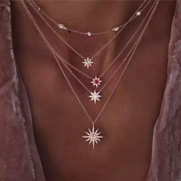 Jewelry - Gold Multichain Boho Crystal Moon Stars Ne…